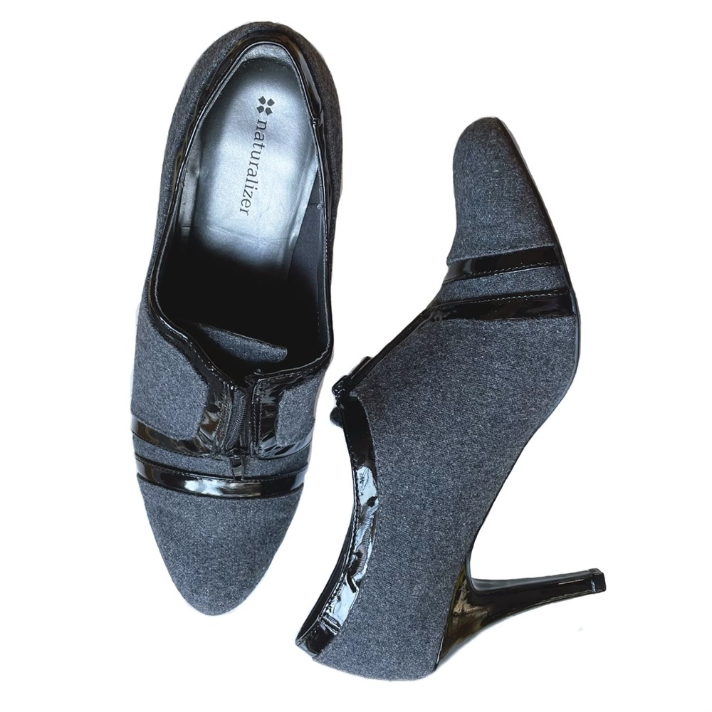 Naturalizer Gray Wool-Look Heeled Booties with Patent Trim